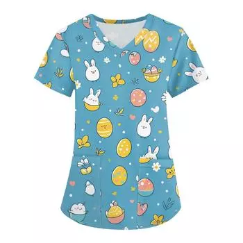 Женская мода с v-образным вырезом, короткими рукавами и карманами, топы с принтом L синий