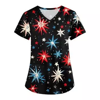 Женская мода с v-образным вырезом, короткими рукавами и карманами, топы с принтом L чёрный