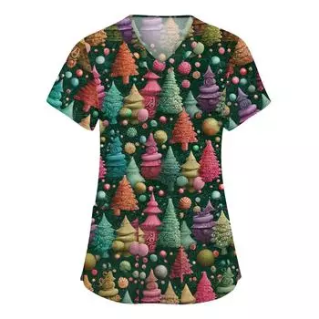 Женская мода с v-образным вырезом, короткими рукавами и карманами, топы с рождественским принтом L