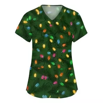 Женская мода с v-образным вырезом, короткими рукавами и карманами, топы с рождественским принтом L