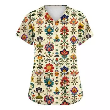 Женская мода с v-образным вырезом, короткими рукавами и карманами, топы с принтом XXXL бежевый