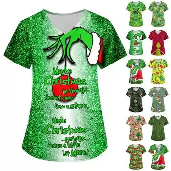 Женская мода с v-образным вырезом, короткими рукавами и карманами, топы с принтом XL темно-зеленого