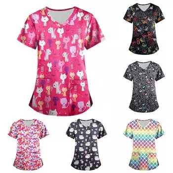 Женская мода с v-образным вырезом, короткими рукавами и карманами, топы с принтом XXL