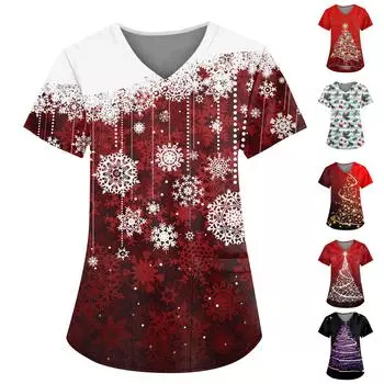 Женская мода с v-образным вырезом, короткими рукавами и карманами, топы с рождественским принтом L