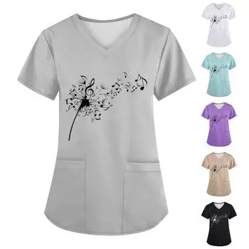 Женская мода с v-образным вырезом, короткими рукавами и карманами, топы с принтом L чёрный