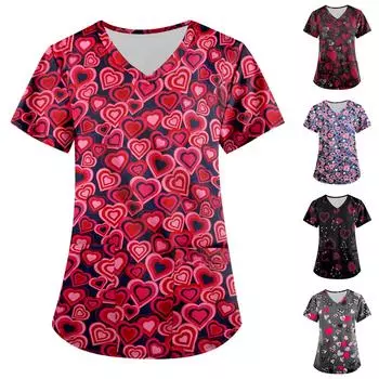 Женская мода с v-образным вырезом, короткими рукавами и карманами, топы с принтом XXXXXL чёрный