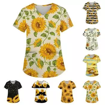 Женская мода с v-образным вырезом, короткими рукавами и карманами, топы с принтом L чёрный