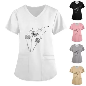 Женская мода с v-образным вырезом, короткими рукавами и карманами, топы с принтом XXXL