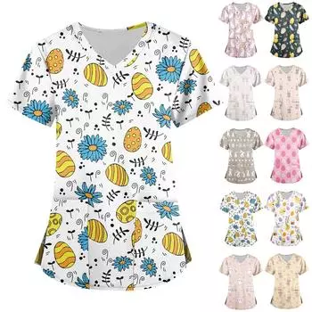 Женская мода с v-образным вырезом, короткими рукавами и карманами, топы с принтом L бежевый