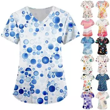 Женская мода с v-образным вырезом, короткими рукавами и карманами, топы с принтом L бежевый