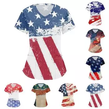 Женская мода с v-образным вырезом, короткими рукавами и карманами, топы с принтом L синий