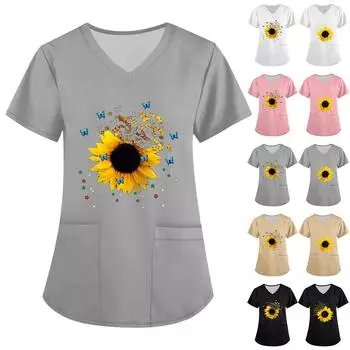 Женская мода с v-образным вырезом, короткими рукавами и карманами, топы с принтом L чёрный