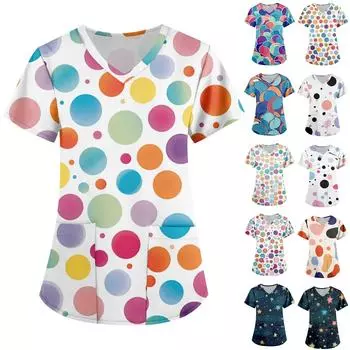 Женская мода с v-образным вырезом, короткими рукавами и карманами, топы с принтом S