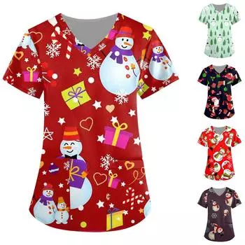 Женская мода с v-образным вырезом, короткими рукавами и карманами, топы с рождественским принтом XXL чёрный
