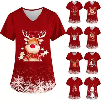 Женская мода с v-образным вырезом, короткими рукавами и карманами, топы с рождественским принтом XXL хаки
