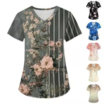 Женская мода с v-образным вырезом, короткими рукавами и карманами, топы с принтом M