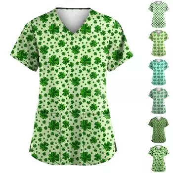 Женская мода с v-образным вырезом, короткими рукавами и карманами, топы с принтом L армия зеленый