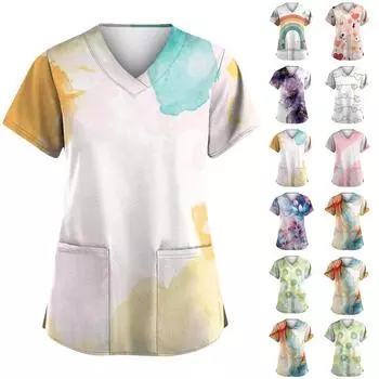 Женская мода с v-образным вырезом, короткими рукавами и карманами, топы с принтом L чёрный