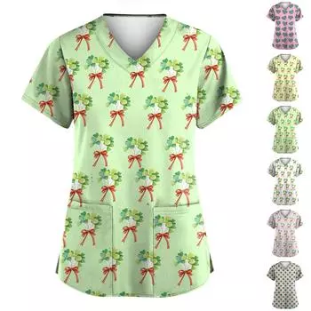 Женская мода с v-образным вырезом, короткими рукавами и карманами, топы с принтом S