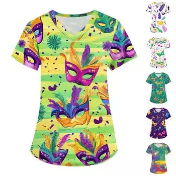 Женская мода с v-образным вырезом, короткими рукавами и карманами, топы с принтом XXXXXL циан