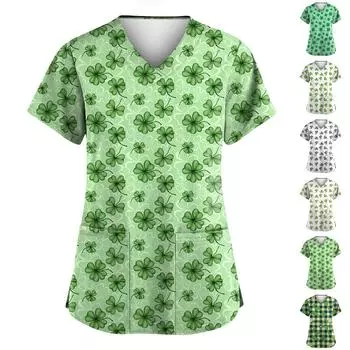 Женская мода с v-образным вырезом, короткими рукавами и карманами, топы с принтом M