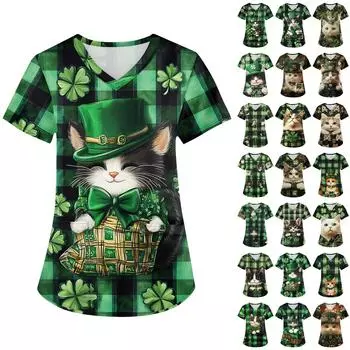 Женская мода с v-образным вырезом, короткими рукавами и карманами, топы с принтом L армия зеленый