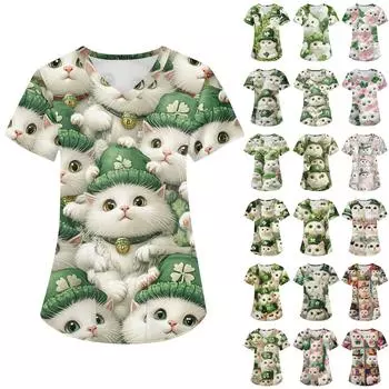 Женская мода с v-образным вырезом, короткими рукавами и карманами, топы с принтом L армия зеленый