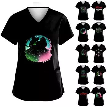 Женская мода с v-образным вырезом, короткими рукавами и карманами, топы с принтом XXL