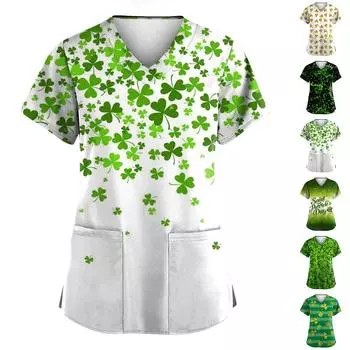 Женская мода с v-образным вырезом, короткими рукавами и карманами, топы с принтом L