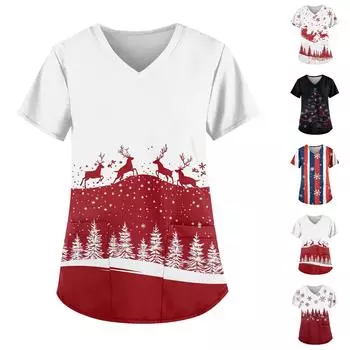 Женская мода с v-образным вырезом, короткими рукавами и карманами, топы с принтом XL чёрный