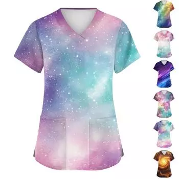 Женская мода с v-образным вырезом, короткими рукавами и карманами, топы с принтом L