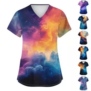 Женская мода с v-образным вырезом, короткими рукавами и карманами, топы с принтом L