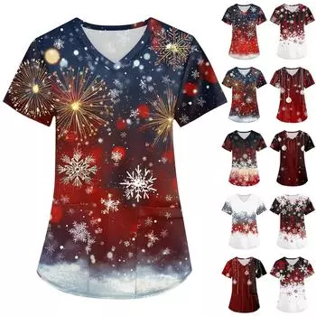 Женская мода с v-образным вырезом, короткими рукавами и карманами, топы с рождественским принтом XXXL
