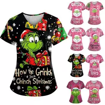 Женская мода с v-образным вырезом, короткими рукавами и карманами, топы с принтом XXL зелёный