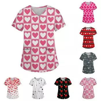 Женская мода с v-образным вырезом, короткими рукавами и карманами, топы с принтом XXXL