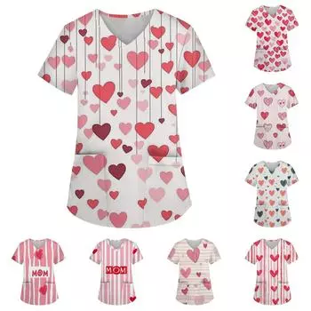 Женская мода с v-образным вырезом, короткими рукавами и карманами, топы с принтом XXXL