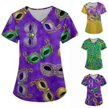 Женская мода с v-образным вырезом, короткими рукавами и карманами, топы с принтом XXXL зелёный