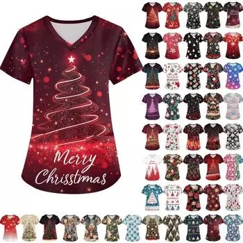 Женская мода с v-образным вырезом, короткими рукавами и карманами, топы с рождественским принтом L армия зеленый
