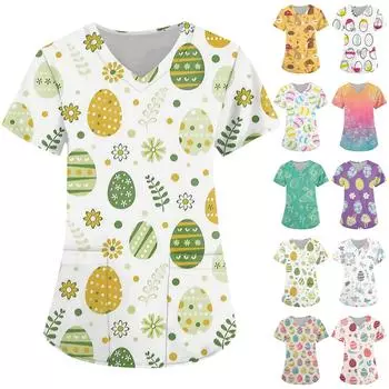 Женская мода с v-образным вырезом, короткими рукавами и карманами, топы с пасхальным принтом L циан