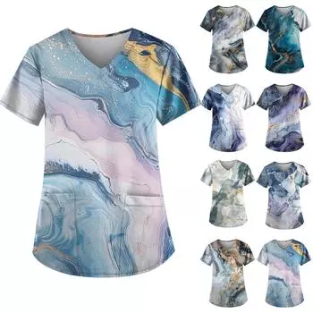 Женская мода с v-образным вырезом, короткими рукавами и карманами, топы с принтом L