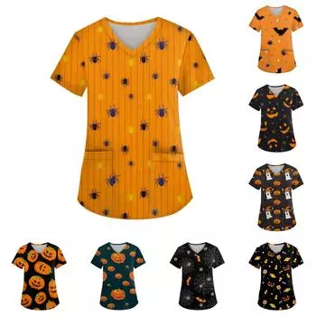 Женская мода с v-образным вырезом, короткими рукавами и карманами, топы с принтом XXL