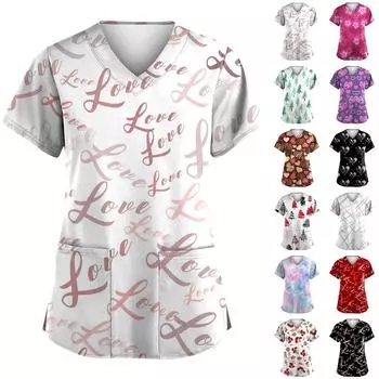 Женская мода с v-образным вырезом, короткими рукавами и карманами, топы с принтом XXL