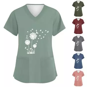 Женская мода с v-образным вырезом, короткими рукавами и карманами, топы с принтом XL