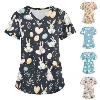 Женская мода с v-образным вырезом, короткими рукавами и карманами, топы с принтом XL синий