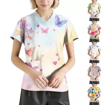 Женская мода с v-образным вырезом, короткими рукавами и карманами, топы с принтом M