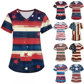 Женская мода с v-образным вырезом, короткими рукавами и карманами, топы с принтом XXXL синий