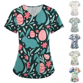 Женская мода с v-образным вырезом, короткими рукавами и карманами, топы с принтом L бежевый