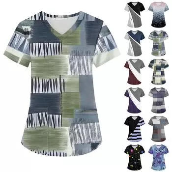 Женская мода с v-образным вырезом, короткими рукавами и карманами, топы с принтом M