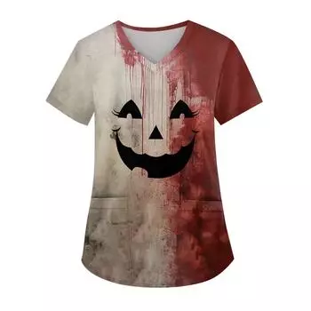 Женская мода с v-образным вырезом, короткими рукавами и карманами, топы с принтом XXL бежевый