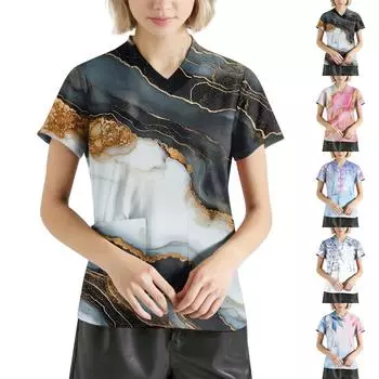 Женская мода с v-образным вырезом, короткими рукавами и карманами, топы с принтом M тёмно-синий